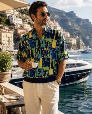 Massoti Italy Shirt Men L Short Sleeve 1/4 Button Abstract Golf Beach Luxury NWT